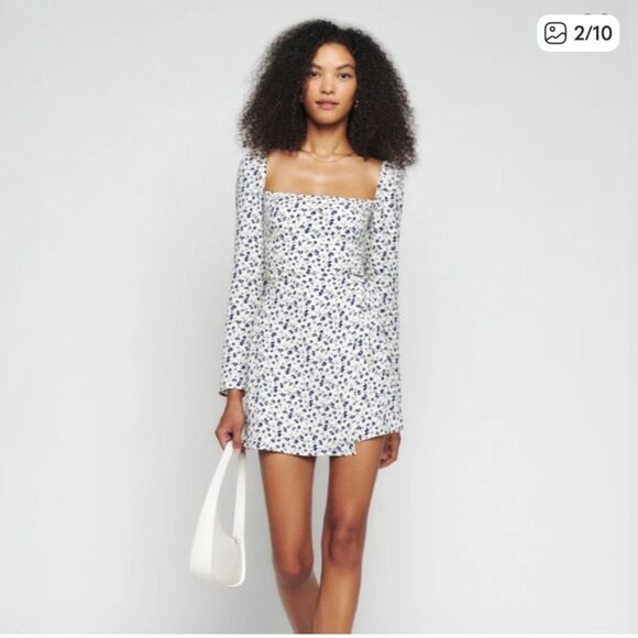 NWT Reformation Rosalie Mini White Dress Blue Floral Size 8 - Picture 6 of 13